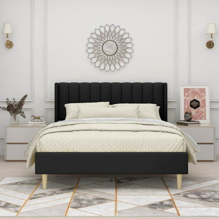 Queen Size Mid-Century Black Linen Platform Bed Frame with Upholstered Headboard