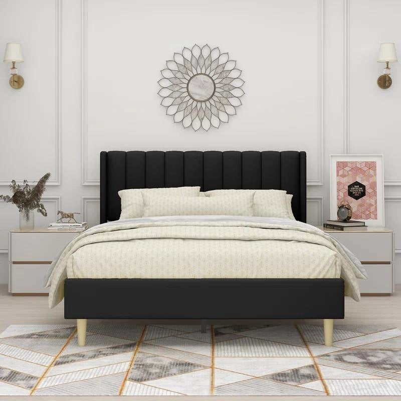 Queen Size Mid-Century Black Linen Platform Bed Frame with Upholstered Headboard
