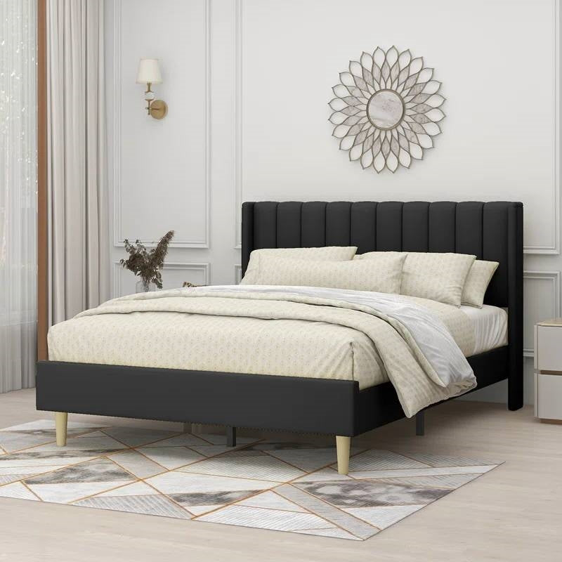 Queen Size Mid-Century Black Linen Platform Bed Frame with Upholstered Headboard