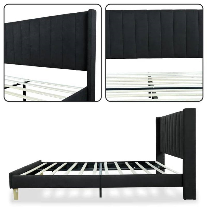 Queen Size Mid-Century Black Linen Platform Bed Frame with Upholstered Headboard