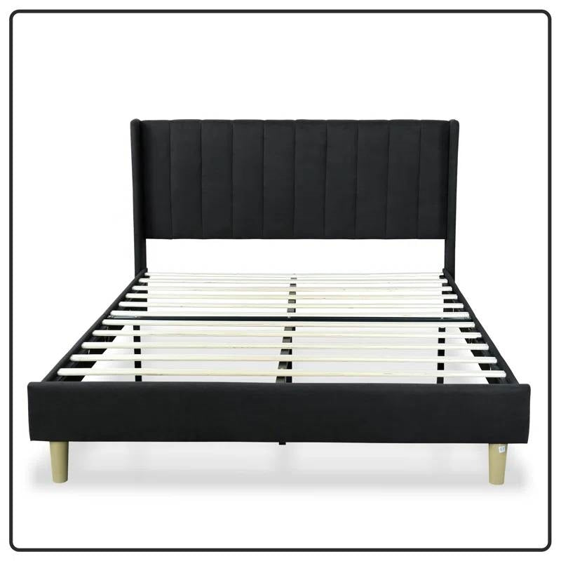 Queen Size Mid-Century Black Linen Platform Bed Frame with Upholstered Headboard
