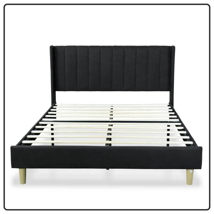 Queen Size Mid-Century Black Linen Platform Bed Frame with Upholstered Headboard