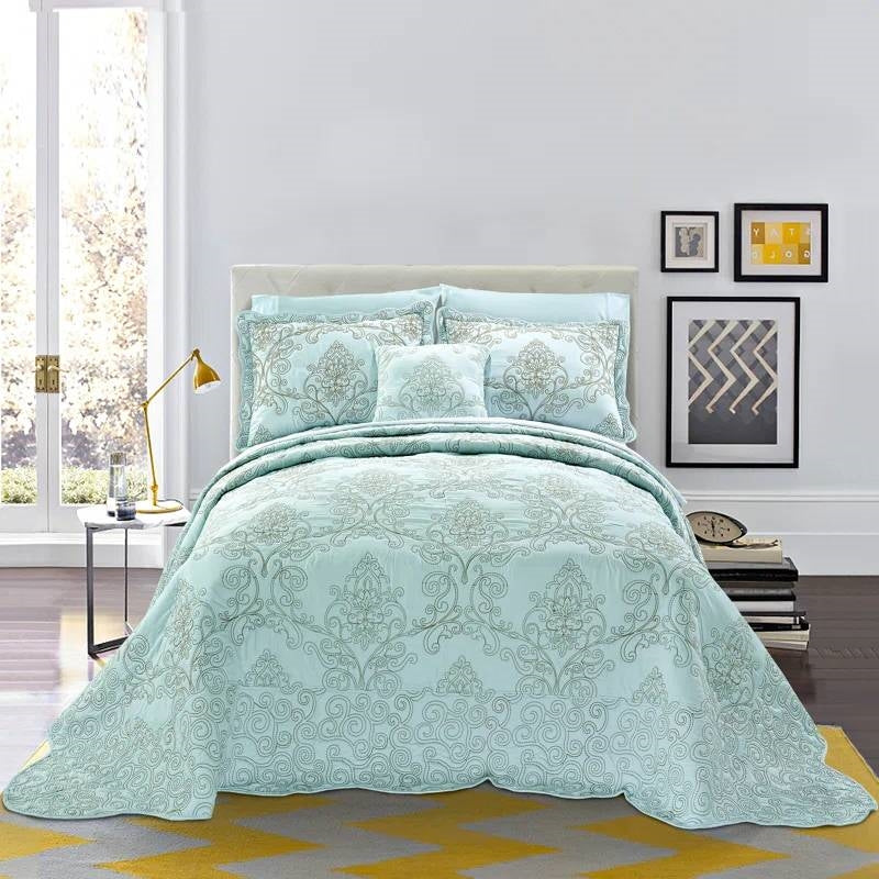 Queen Size Light Blue Damask Embroidered 4 Piece Oversized Bedspread Set