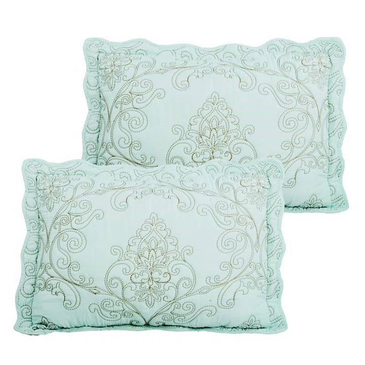 Queen Size Light Blue Damask Embroidered 4 Piece Oversized Bedspread Set