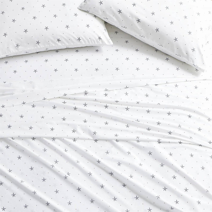 Queen Size Coastal Beach Starfish White Navy Red 100-Percent Cotton Sheet Set