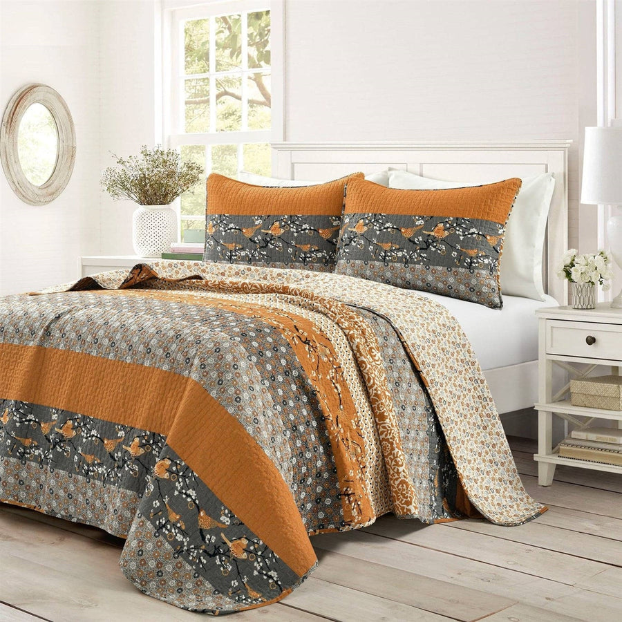 King Size Orange Grey Boho Floral Birds Reversible Lightweight Quilt Set