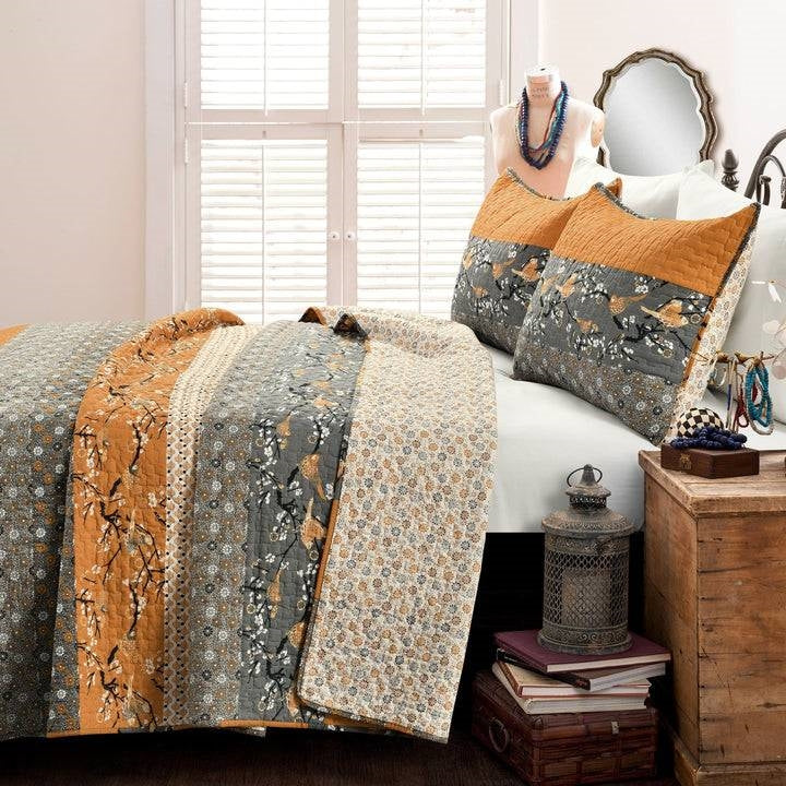 King Size Orange Grey Boho Floral Birds Reversible Lightweight Quilt Set