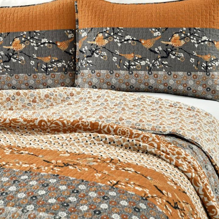 King Size Orange Grey Boho Floral Birds Reversible Lightweight Quilt Set