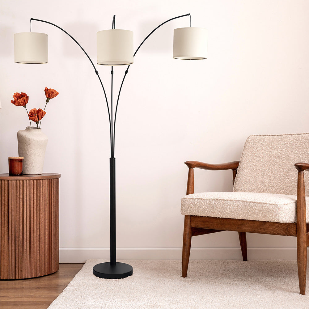 Royal 3-Arm Metal Arc Floor Lamp, Oil Rubbed Bonze with Linen Shade, 4-way Rotary Switch Front View