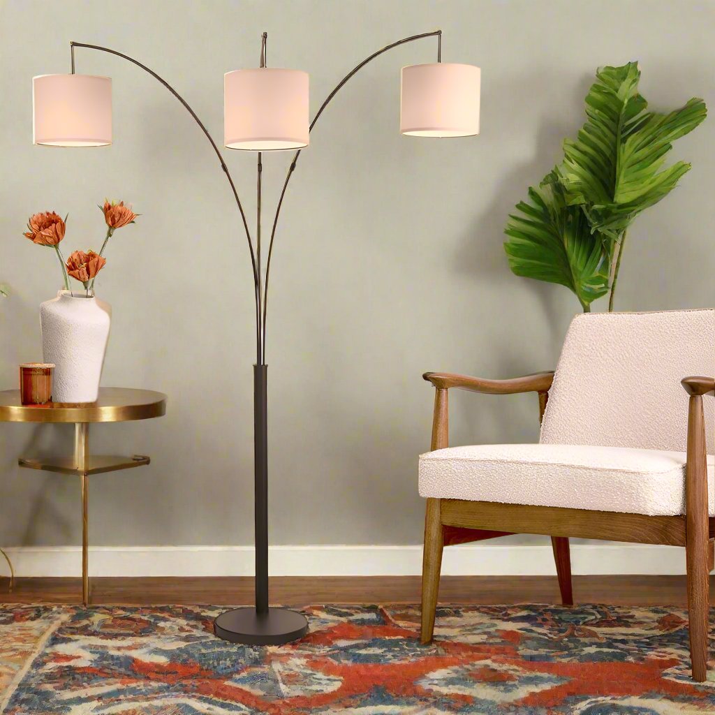 Royal 3-Arm Metal Arc Floor Lamp, Oil Rubbed Bonze with Linen Shade, 4-way Rotary Switch with Background.