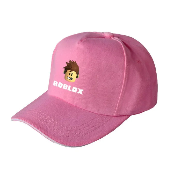 Pink cap with Roblox logo on a white background.