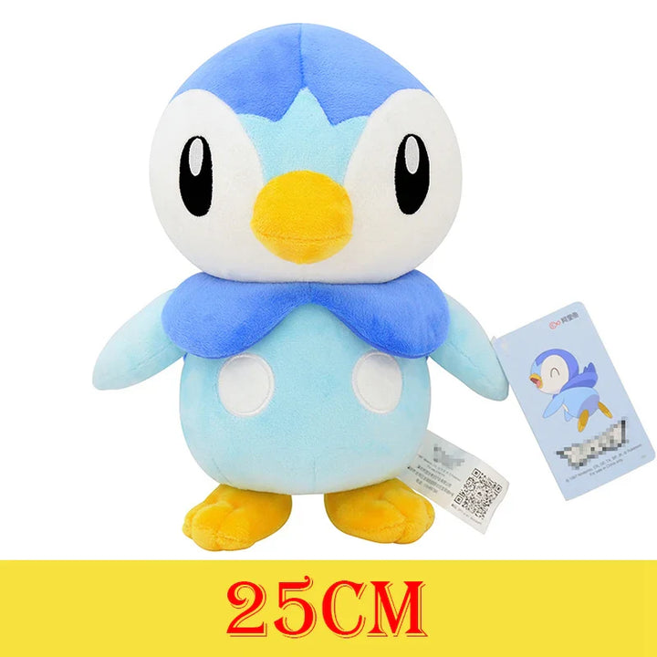 Plush toy penguin with blue and yellow colors on a white background.