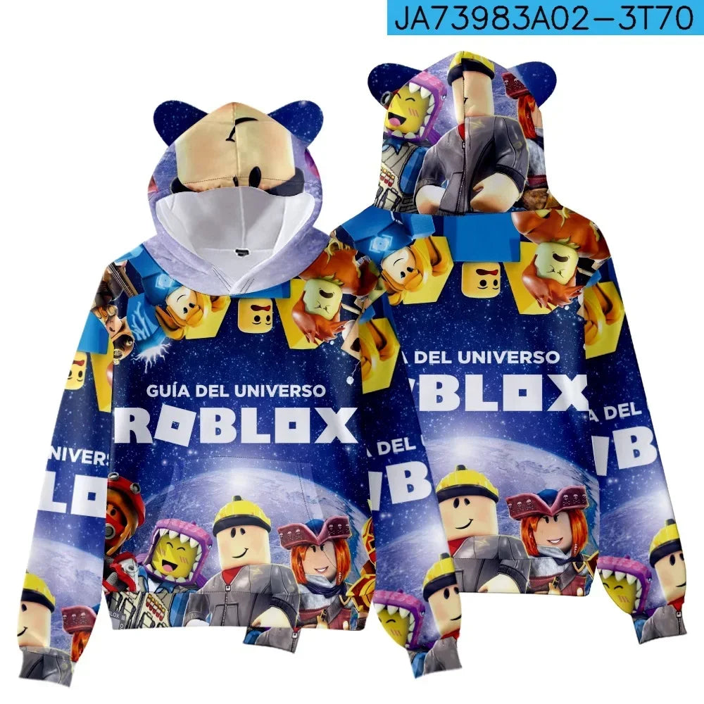 Roblox-themed hoodie with character graphics on a white background.