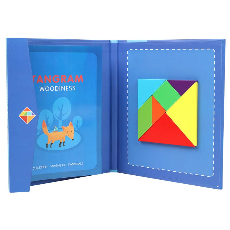 Tangram set in a blue case with colorful tangram pieces on a white background.