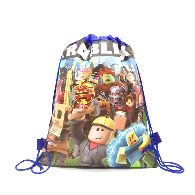 Drawstring bag with colorful character design on a white background.