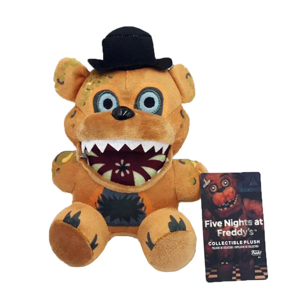 Plush toy resembling a character from Five Nights at Freddy's with a black hat and open mouth, accompanied by its packaging.