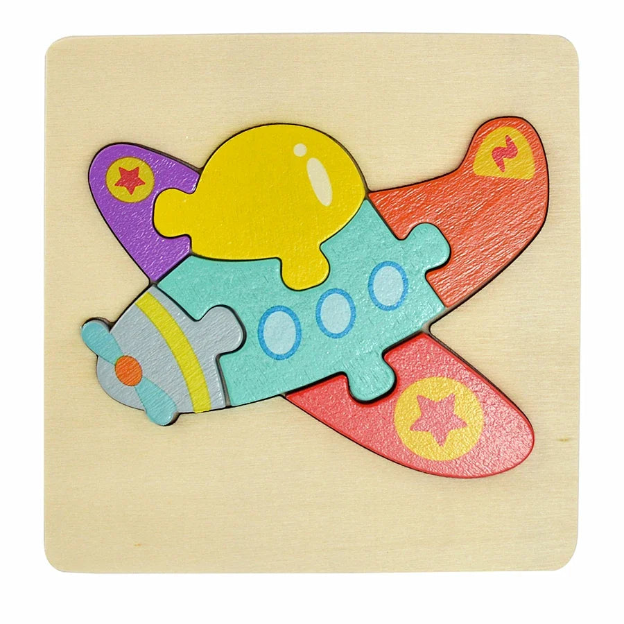 Colorful wooden puzzle shaped like a plane on a beige background.