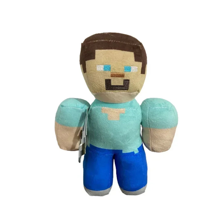 Plush toy resembling a character from a popular video game, wearing a teal shirt and blue pants.
