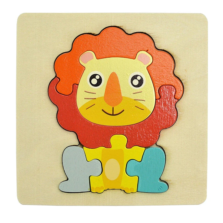 Colorful lion-shaped puzzle on a beige background.