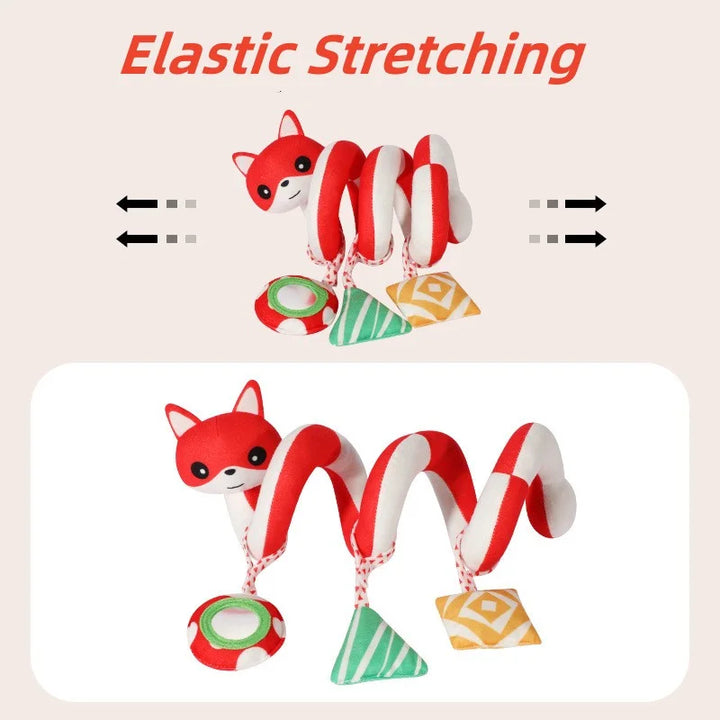 Red and white fox-shaped toy with elastic stretching feature on a beige background.