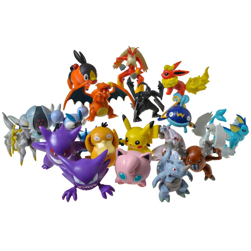 Collection of various colorful toy figures on a white background.