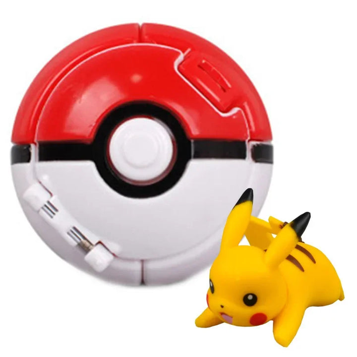 Red and white Poké Ball with a small yellow Pikachu toy on a white background.