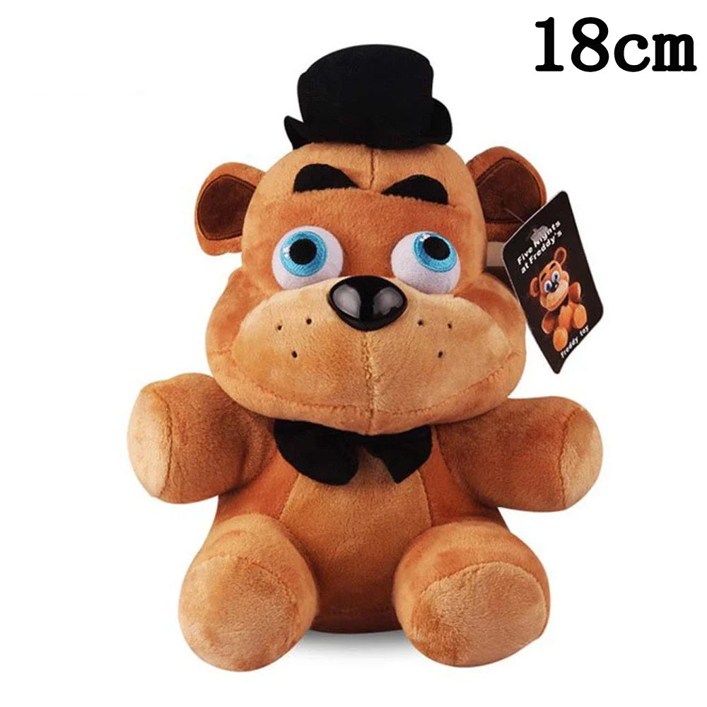 Plush toy bear with a black top hat and bow tie, 18cm tall, on a white background.