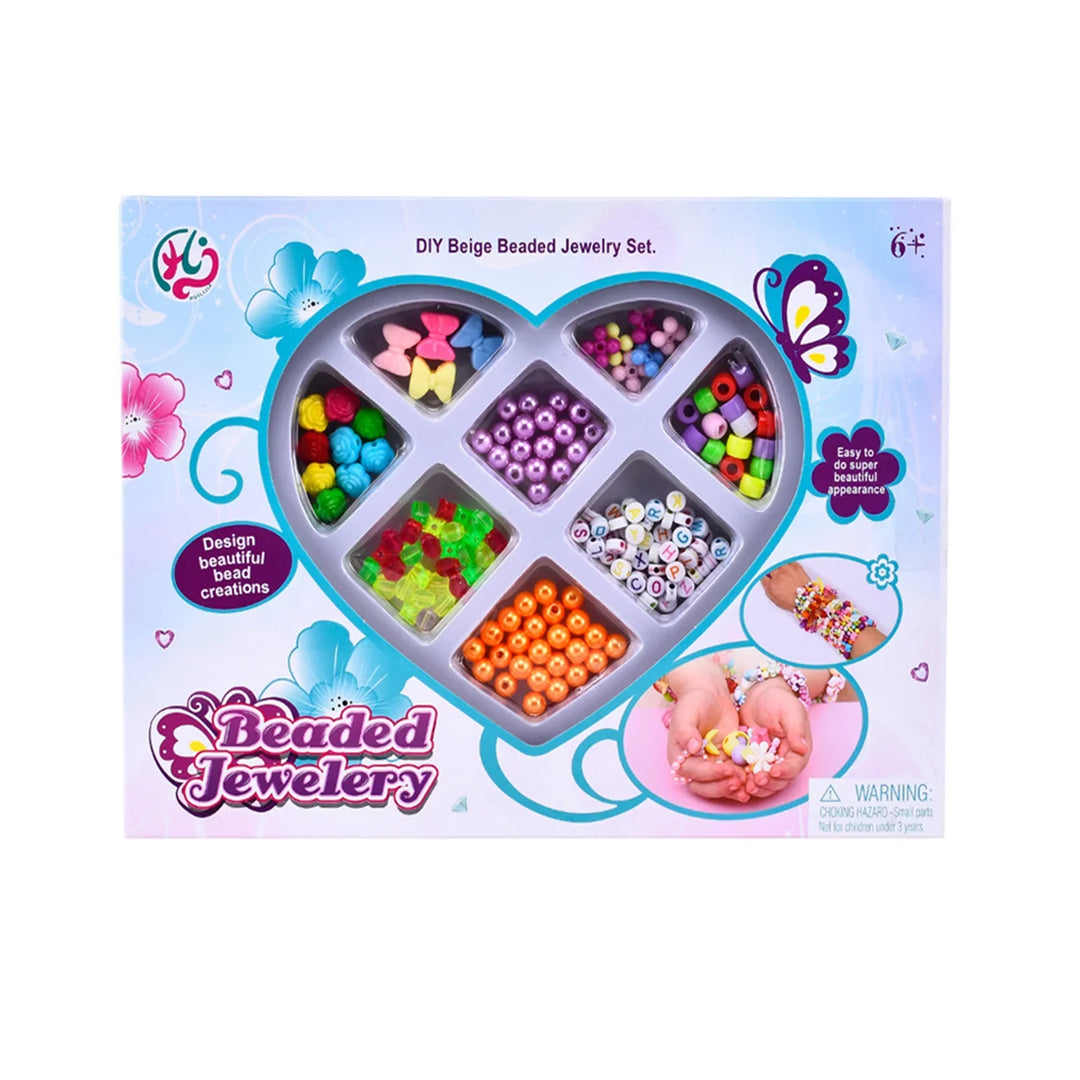 Beaded jewelry set packaging with colorful beads and heart-shaped organizer on a white background.
