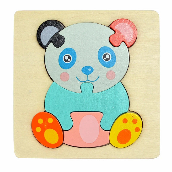 Wooden panda puzzle toy on a beige background.