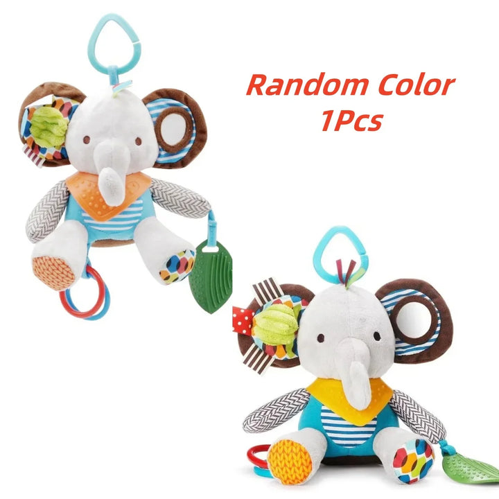 Two colorful elephant toys with various textures and patterns on a white background.