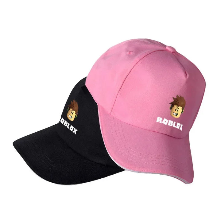 Pink and black caps with Roblox logo on a white background.