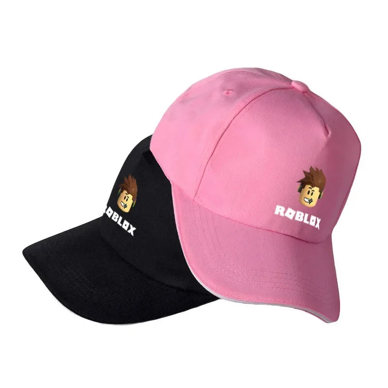 Pink and black caps with Roblox logo on a white background.