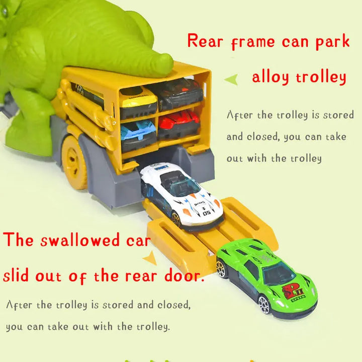 Toy trolley with cars and dinosaur figure on a light green background.