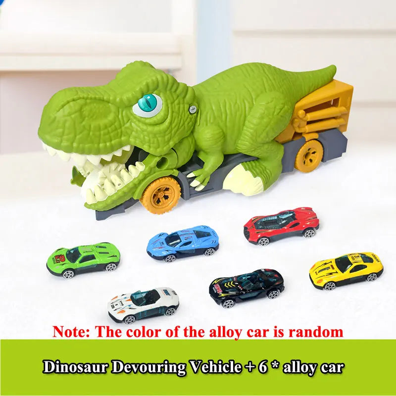 Toy dinosaur with a small vehicle carrying six alloy cars on a white background.