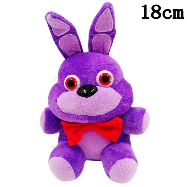 Purple plush toy with red bow tie and large eyes on a white background.