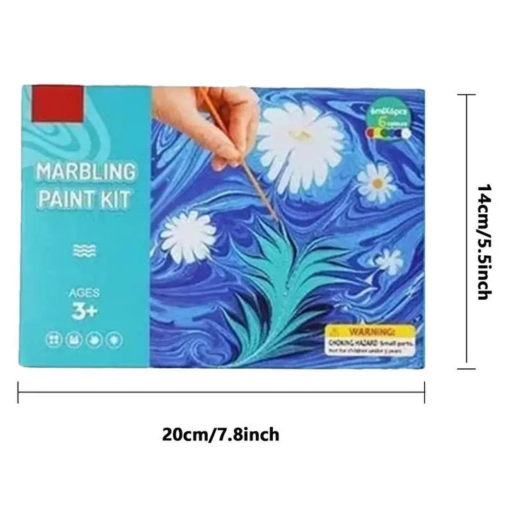 Marbling paint kit packaging with floral design and dimensions indicated.