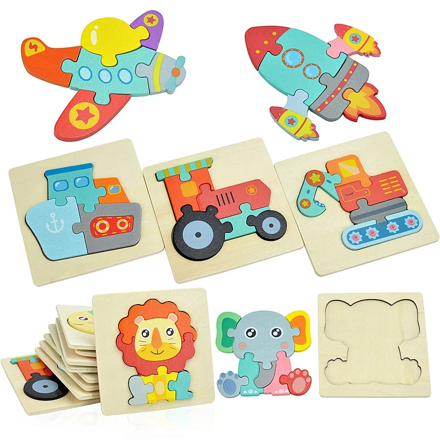 Set of colorful wooden puzzles for children featuring animals and vehicles on a white background.