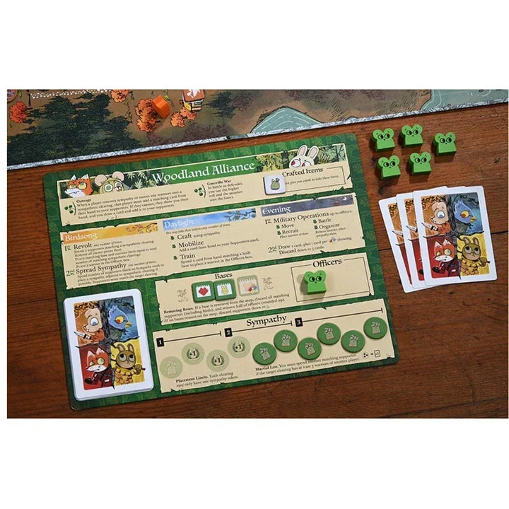 Board game components including a player sheet, cards, and tokens on a wooden surface.