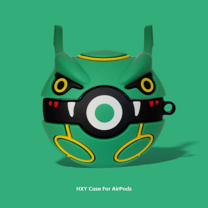 Green case for AirPods with a cartoonish design on a green background.