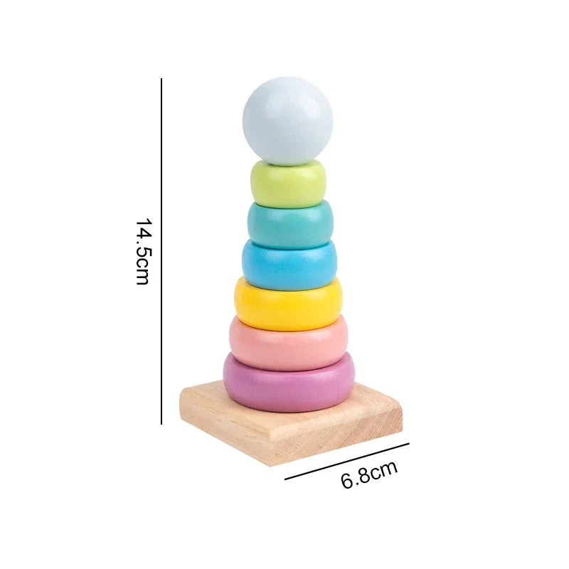 Colorful stacking ring toy with dimensions on a white background.