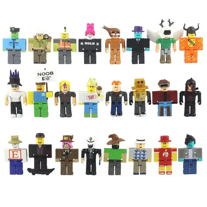Collection of colorful toy figures on a white background.