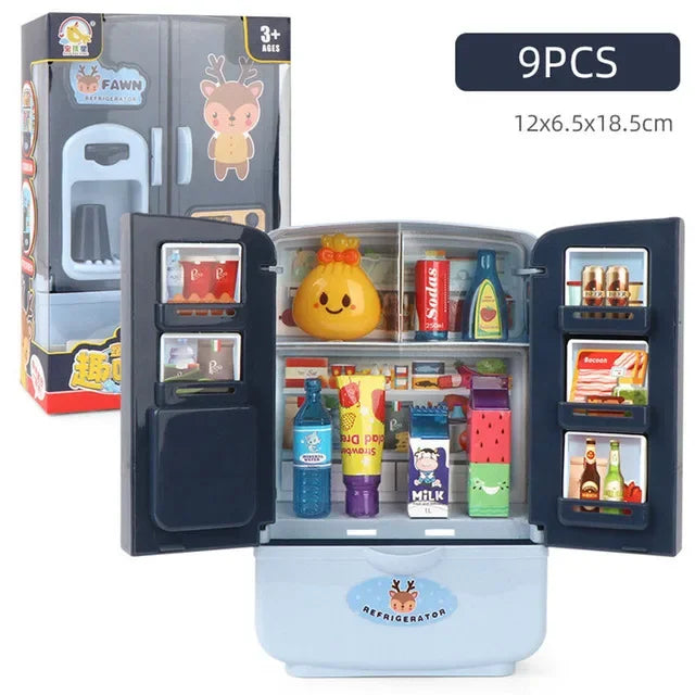 Toy refrigerator set with various food items and packaging.