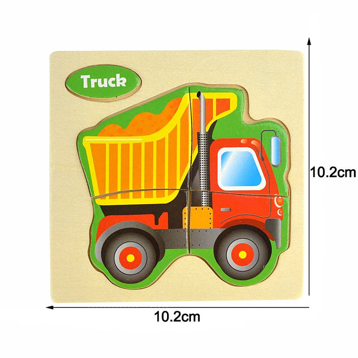 Wooden toy truck puzzle with dimensions on a beige background.