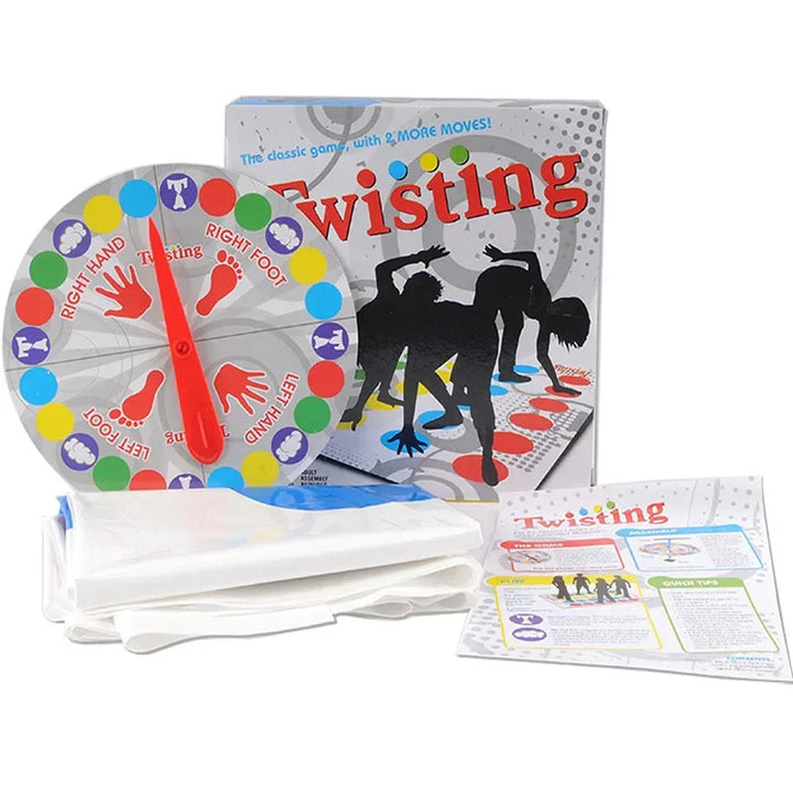Twisting game set with instructions and components on a white background.