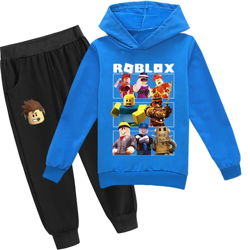 Blue hoodie with design and black pants on a white background.