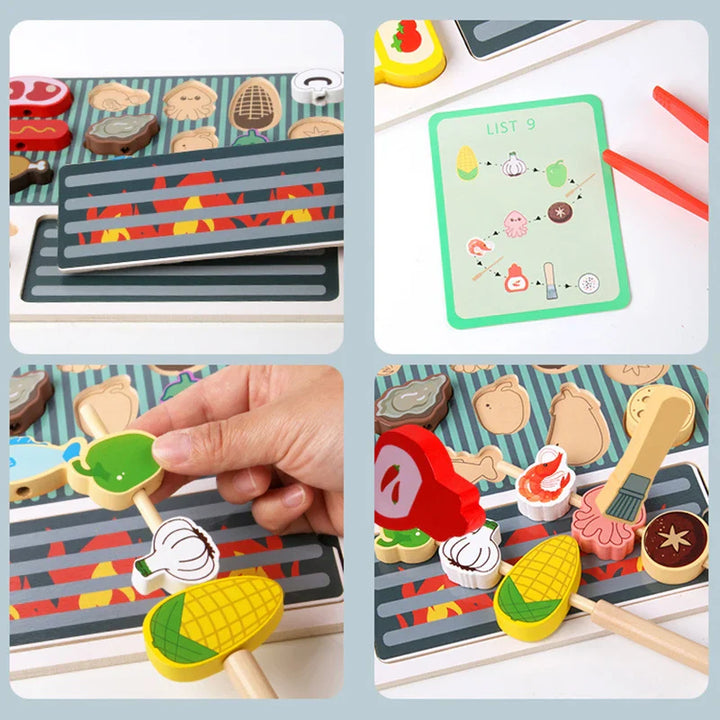 Kids Wooden Barbecue Kitchen Toy Set – Pretend Play Food Cutting Game