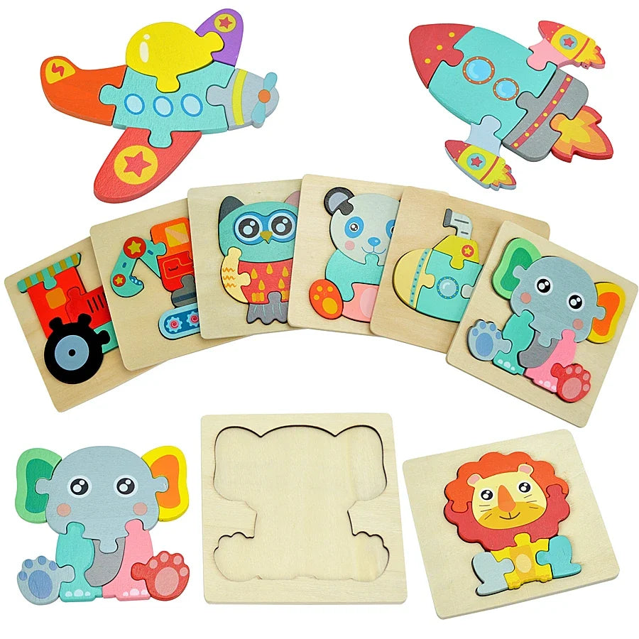 Set of colorful wooden puzzles with animal and vehicle designs on a white background.