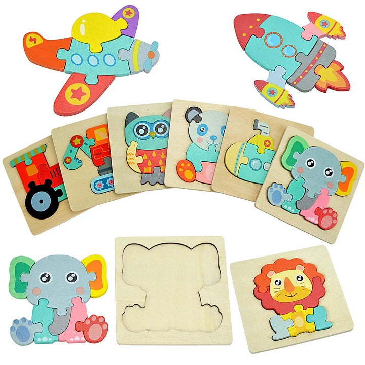 Set of colorful wooden puzzles with animal and vehicle designs on a white background.