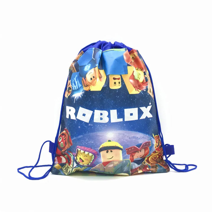 Drawstring bag with Roblox characters on a blue background.
