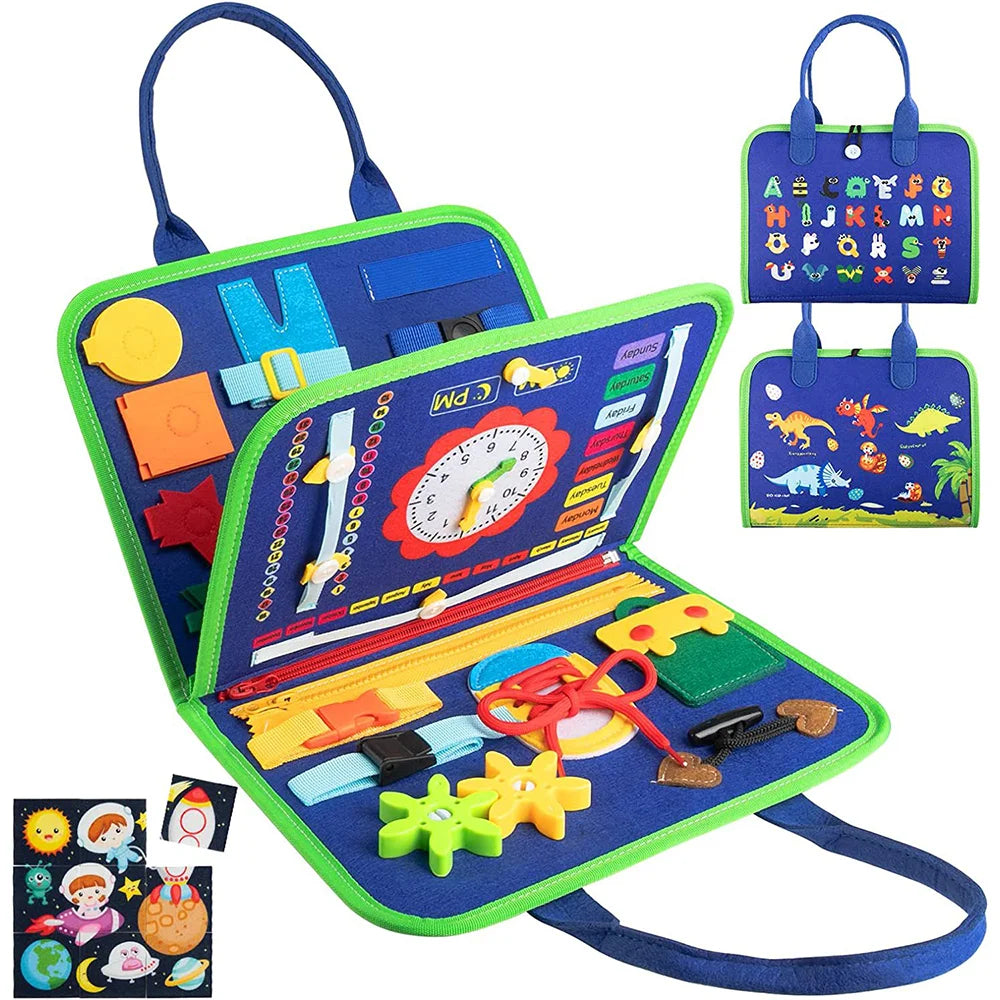 Colorful educational toy with various interactive elements on a blue carrying case.